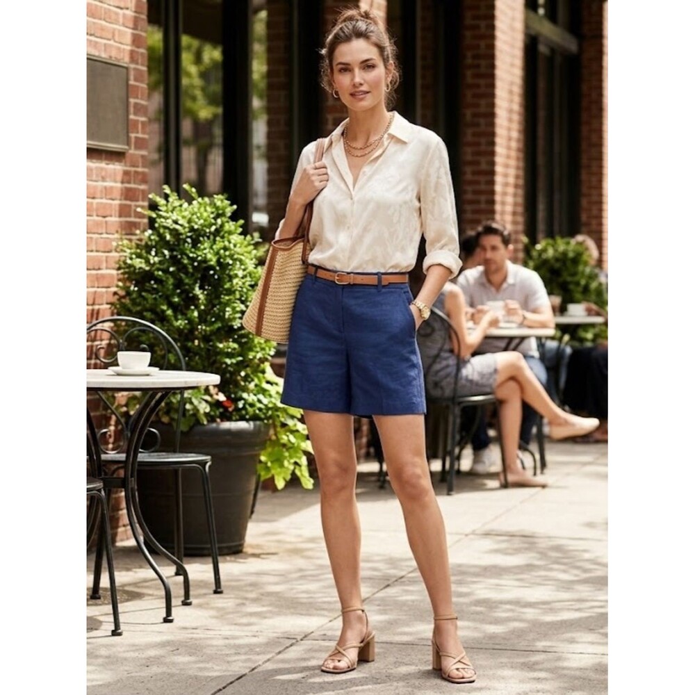 Ann Taylor 6 Inch Short Mid Rise Cotton Slub Navy Blue Sz 10 Preppy Casual Chic